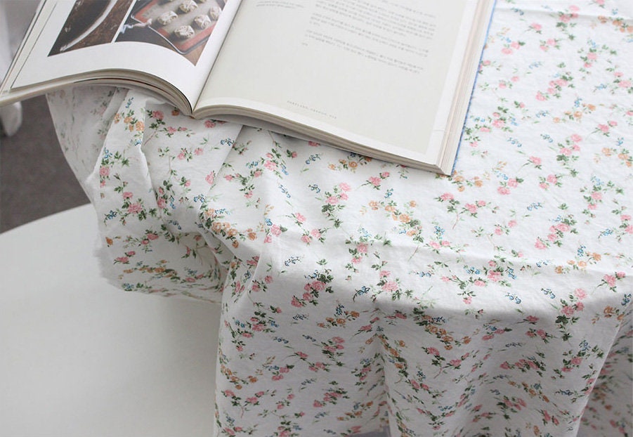 Bio-Washed Rose Flower patterned Fabric made in Korea by Half Yard / 45 X 145cm 18" X 54", Cotton Linen