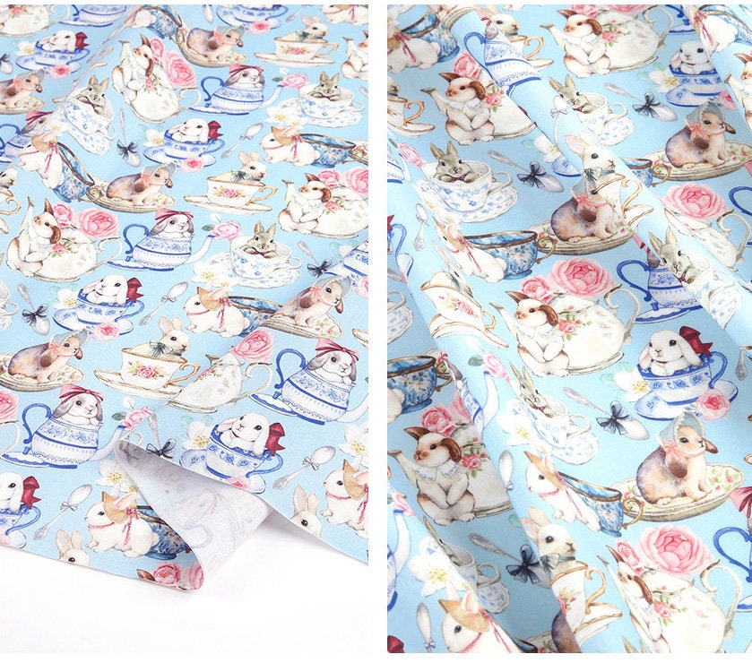 Tea Time with Cute Rabbit patterned OEKO-TEX® Fabric, Animal Fabric made in Korea by the Half Yard