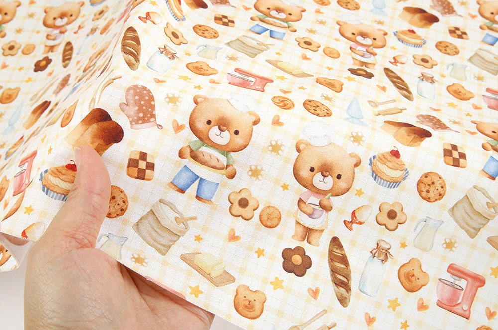 Bakery Bear Cookie Patissier Bear Patterned Fabric, Cute, sewing, Quilt made in Korea Half Yard