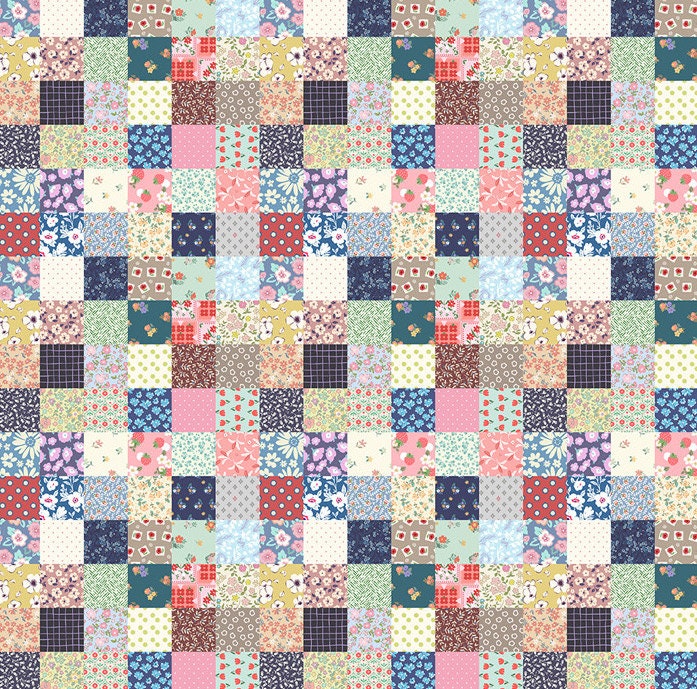 Flower Floral Square Patch Patterned Fabric, Cute, sewing, Quilt made in Korea Half Yard