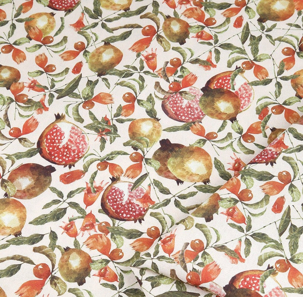 Fruits Pomegranate patterned Fabric made in Korea by Half Yard / 45 X 140cm 18" X 55.1", Cotton Linen