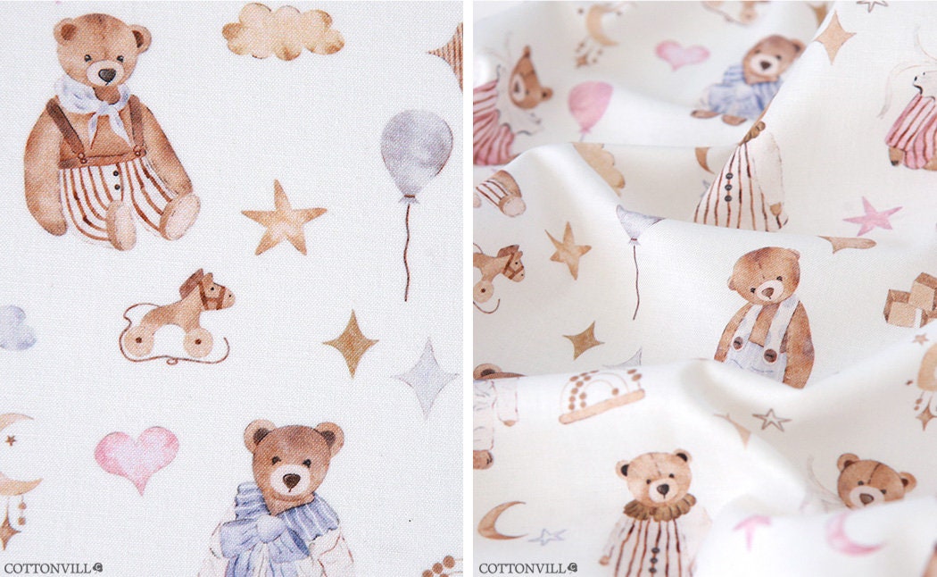 Pajama Teddy Bear Patterned 30s GOTS Organic Textile Fabric printed in Korea by the Half Yard