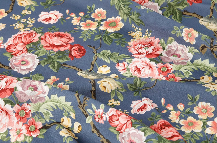 Floral & Bird Garden Antique patterned Fabric Flower Fabric made in Korea by the Half Yard