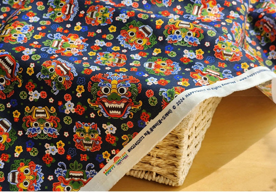 Korean Traditional Asian Devil Face Oni Flower Dokkaebi Pattern Cotton Fabric made in Korea by the Half Yard